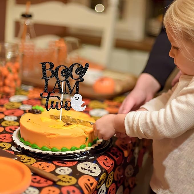 Image of Boo I'm Two Cake Topper | 2nd Birthday Party Black Glitter Cake Topper | Second Birthday Photo Props | Halloween Party Decoration Supplies | Cake Decorations With Ghost