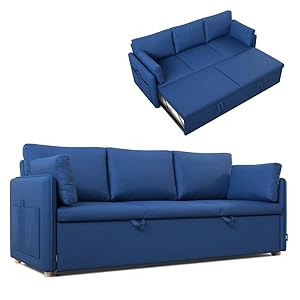 Nalui- Sofa Cama 3 plazas 3 en 1 Nest 3 211x86x88cm con 2 Almohadas. Sofa 3 Plazas Convertible en Cama con Somier de 128x190cm. Soporta hasta 360Kg. Azul Marino