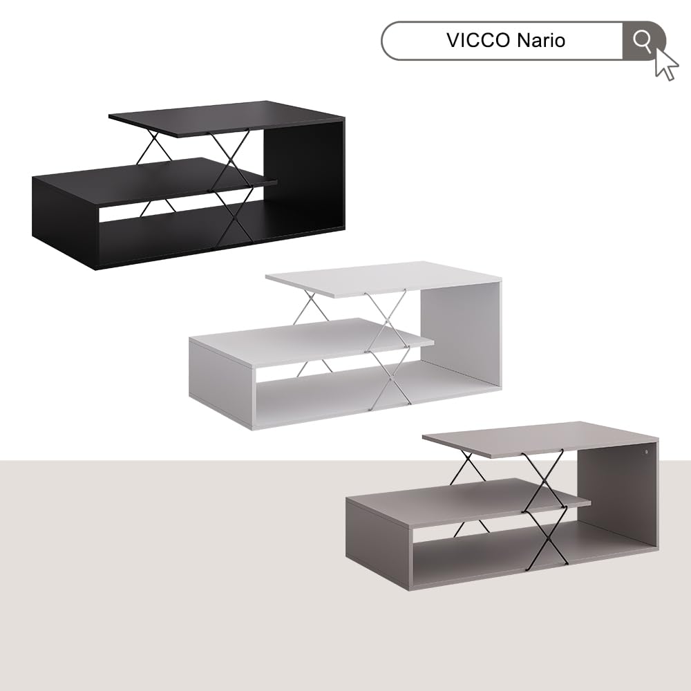 Vicco Tavolino da salotto Nario, Nero, 100 x 50 cm, con ulteriore ripiano per la conservazione di riviste