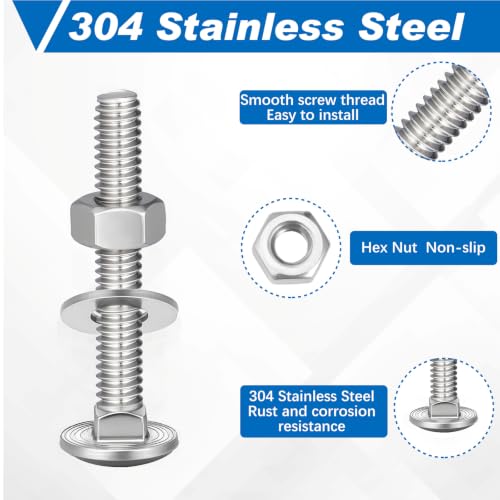 Image of Zonon Stainless Steel Carriage Bolts and Nuts Kit Round Head Square Neck Carriage Bolts Screws and Hex Nuts and Flat Washers, Stainless 18-8 Full Thread Coverage(5 /16-18 x 2,Silver,50 Sets)