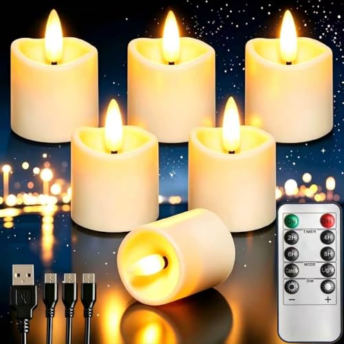 Rechargeable Flameless Tea Light Candles with Timer Remote 1.5x2.2 Electric Fake Flickering Votive Candles for Aniversary Wedding Centerpiece Table Decor Funeral Halloween Christmas (6 Pack)