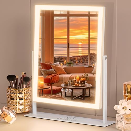 FENCHILIN Hollywood - Espejo de maquillaje de 3 colores, regulable, con iluminación, control Smart Touch, con iluminación, rotación de 360°, 10 aumentos, 30 x 41 cm