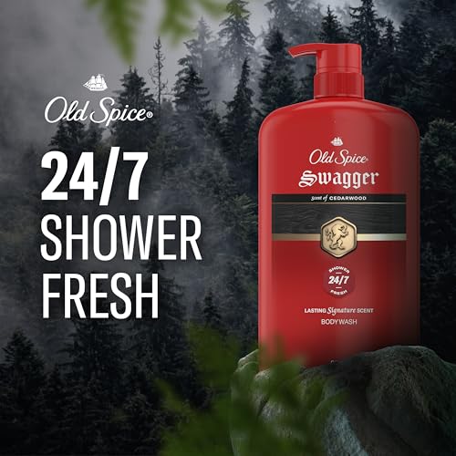 Image of Old Spice Body Wash for Men, 24 /7 Shower Fresh with Long Lasting Scent, Refreshing 3X Defense, Red Collection, Swagger with Cedarwood Scent, 33.4 oz (Pack of 4)