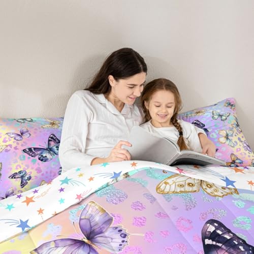 Image of Feelyou Colorful Butterfly Comforter Set Queen Rainbow Watercolor Printed Quilt Bedding for Girls Kids Bedroom Tie Dye Leopard Cheetah Teen Bed 1 and 2 Pillowcases