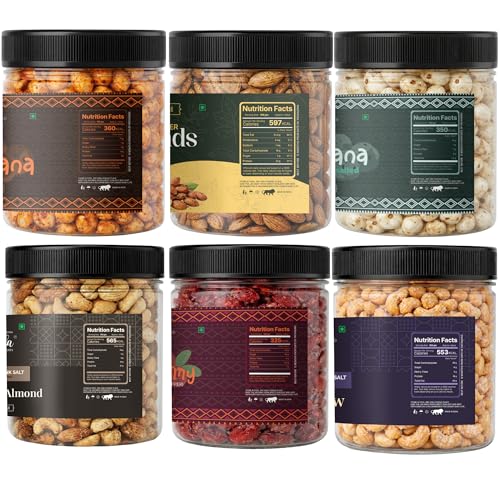Image of LILA DRY FRUITS Party Snack Combo Roasted Cashew, Himalayan Pink Salt Cashew Almond, Black Pepper Almond, Chatpata Cranberry, Makhana Peri Peri, Makhana Roasted (500 grams)