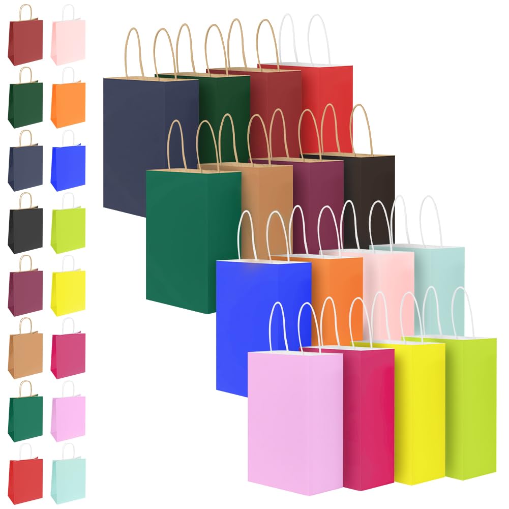 OFFCUP 32 Pcs Paper Party Bags, 16 Colors Kraft Paper Bags with Handles, Paper Gift Bags for Kids and Adults Parties Weddings Baby Shower Birthday Halloween Christmas Hen-15 x 8 x 21 cm