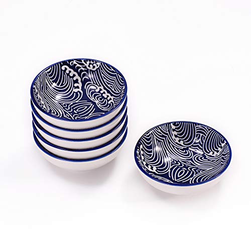 Urban Lifestyle 6 x Runde Dipschale/Saucenschälchen aus Porzellan 8cm mit blau/weißem japanischen Seigaiha Wellen-Muster Cover
