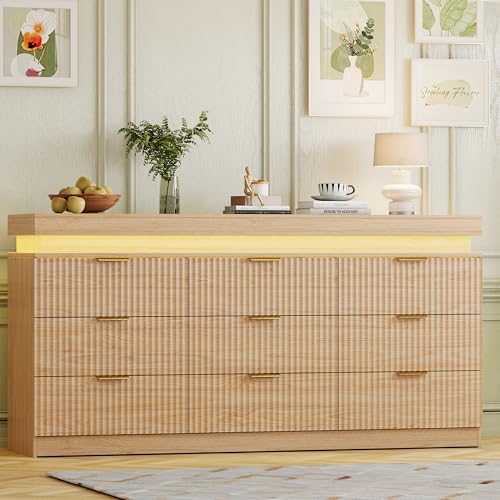 Image of 9 Drawer Dresser with LED Lights and Charging Station, 63 inch Wide Fluted Dresser for Bedroom, Modern Wood Chest of Drawers for Closet Dresser TV Stand for Living Room, Entryway, Natural Oak