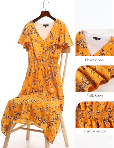 Image of Bridesmay Women's Summer Floral Midi Dress V Neck Short Sleeve A-Line Casual Beach Vacation Dresses Flowy