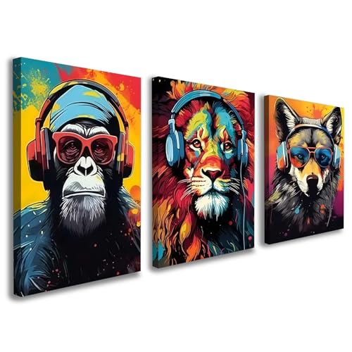 Galmcook Leinwand Bilder 3er Set Wandbilder Modern Tiere mit Kopfhörer Kunstdruck auf Leinwand für Wohnzimmer Schlafzimmer oder Büro mit Rahmen fixierten Haken und ohne Spuren...