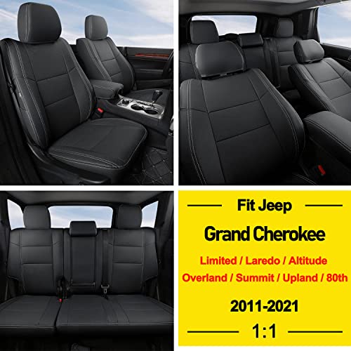 Image of GIANT PANDA Full Set Car Seat Covers Custom Fit Jeep Grand Cherokee 2011 2012 2013 2014 2015 2016 2017 2018 2019 2020 2021, Faux Leather - (Black)