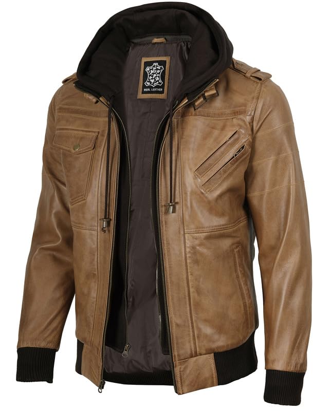 Image of Decrum Mens Leather Jacket - Detachable Hood Stylish Real Lambskin Leather Bomber Jacket Men