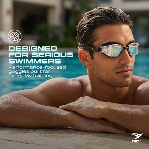 Image of AquaElite Mirrored Swimming Goggles for Men & Women | Lab tested by Experts | Dual Anti Fog Tech with UV Protection 600 | Polycarbonate Lens with Adjustable Silicone Strap - Black Silver