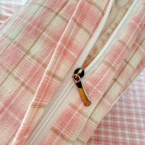 Image of PinkMemory Pink Gingham Plaid Duvet Cover Set King 100% Washed Cotton Cute Pink Checked Bedding Duvet Cover Set for Girls with Pillowcases-Ultra Soft Breathable Zipper Closure Corner Ties