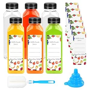 6Pcs Plastic Juice Bottles with Caps,12oz Reusable Clear Juice Containers, Empty Juice Bottles with Labels,Brush and Funnel,Clear Bottles for Juice,Milk and Drinking