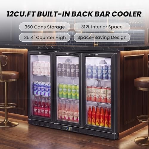 Image of 53.15 inch W Commercial Under Counter Beverage Refrigerator, 3 Glass Door Back Bar Cooler, Built-in /Freestanding 12Cuft Drink Fridge with LED Light, Auto Defrost, Low-E Glass & Safety Lock, Rebound door