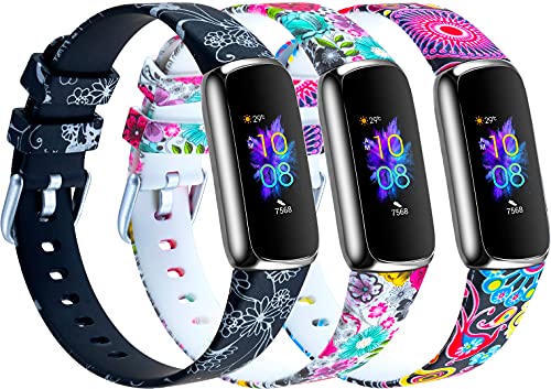 Compatible with Fitbit Luxe Bands, 3 Pack Soft Silicone Sport Watch Bands Printed Replacement Wristband for Women, Slim Bracelet Band Strap Accessories for Luxe Fitness and Wellness Tracker- Large