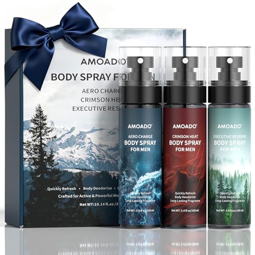 AMOADO Men’s Body Spray Set – Body Spray for Men,Deodorizing Body Mist Refreshing Spray, Aluminum-Free Cologne Gift Set for Him, Travel Size Fresh, Oriental & Woody Scents,Each 3.4 fl oz