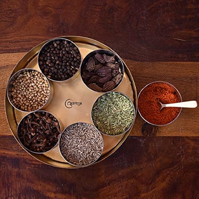 The Advitya Indian Spice Box Brass |Brass Masala Box Dabba Set | Plain Pattern | Food Spice Storage Rack I Storage Box Masala Dani | Kitchen Storage Spice Rack Spice Container With Lid 7 Compartments