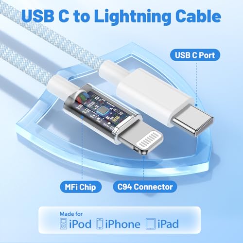 Image of USB C to Lightning Cable 2Pack 6FT+10FT,[Apple MFi Certified] Nylon Braided iPhone Fast Charging Cable, Power Delivery Charging Cord for iPhone 14 13 12 11 Pro Max /XS /Max /XR /8 /7,Pad Air /Pro,Blue
