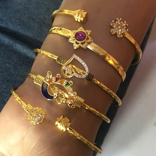 Image of Touchstone Indian Bollywood Handcrafted Engraved Etched Floral Round Rhinestones Cubic Zirconia CZ Designer Jewelry Openable Elegant Gold Plated Bracelets Combos for Women