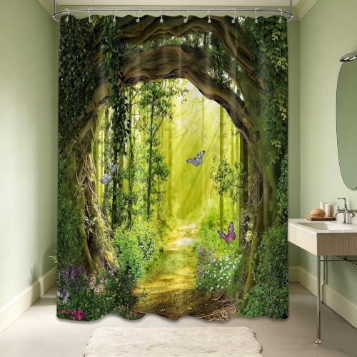 QGHOT Enchanted Forest Shower Curtain, 60X72 in, Green Tree Nature