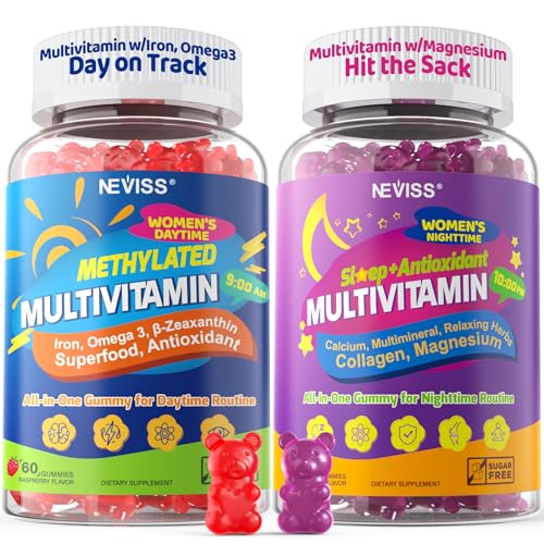 Image of NEVISS 52-in-1 Methylated Multivitamin for Women Gummies with Iron, Omega-3, B6 B9 B12 for Day | Magnesium Glycinate, Calcium, Collagen for Night Renewal /Sleep, Womens 18 30 40 50 60 70+ AM PM Daily