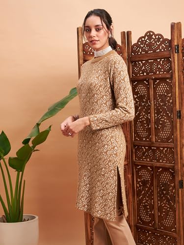 Image of Women's Woolen Winter Kurta | Ethnic Motifs Self Design Long Sleeve Straight Wool Kurti with Round Neck