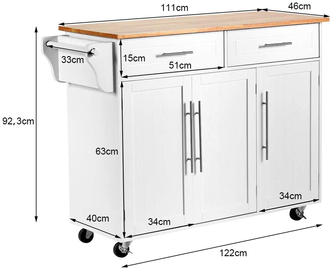 RELAX4LIFE Carrito de Cocina de 3 Puertas con 4 Ruedas, Carro de Servicio con 2 Cajones y 6 Estantes, Carrito Auxiliar con Toallero para Cocina y Baño, Madera Maciza, 122x40x93cm, Blanco
