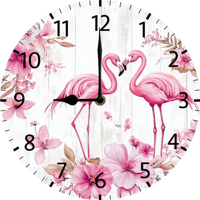 Geroclonup Wall Clock Flamingo Flowers Silent Non Ticking Round Clocks Flamingos Birds Floral Clocks 25cm Battery Operated Quartz Quiet Desk Clock for Home Office
