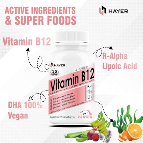 Image of HAYER Plant-Based Vitamin B12 Supplements for Women, Methylcobalamin 1500 mcg with Moringa, Vitamin D3 & B1 | Vegetarian B12 Tablets for Energy & Nervous System Support, 60 Tablets