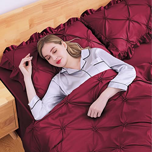JOLLYVOGUE Dark Red Full Size Comforter Sets 7 Pieces, Pintuck Bed in a Bag Comforter Set for Bedroom, Bedding Comforter Sets with Comforter, Sheets,Ruffled Shams & Pillowcases