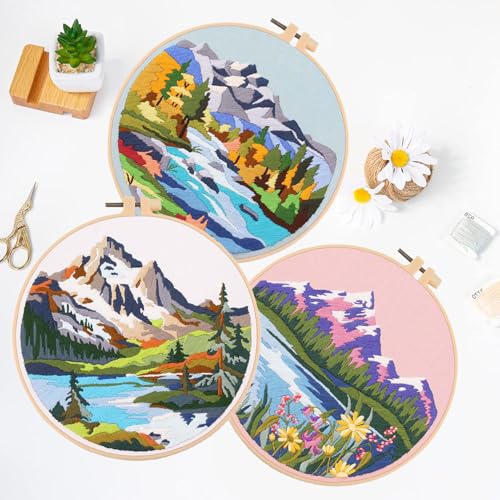 Image of EOBTAIN 3 Sets Embroidery Kit for Beginners Adults Mountain Scene Hand Stamped Embroidery Practice Kits Cross Stitch Set with Embroidery Hoop,Needles and Threads,DIY Gifts at Home Embroidery Kit