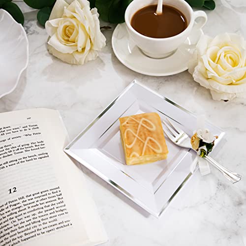 Wdf Silver Plastic Dessert Plates With Plastic Forks - 6” 100 Square Disposable Dessert Plates With Silver Rim &100 Small Appetizer Forks For Christmas. #TOP5