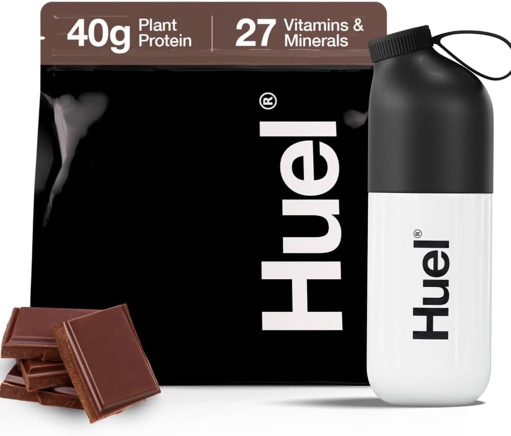 Huel Black Edition Bundle | Chocolate 40g Vegan Protein Powder + Shaker Bottle | Nutritionally Complete Meal | 27 Vitamins and Minerals, Gluten Free | Lockable Lid to Avoid Spills | BPA Free