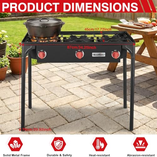 Image of Bestfire 3 Burners Camping Stove for Cooking Outdoor, 225,000 BTU Propane Burners with Ignition wire&Removable Legs, Temperature Control Knobs and 20 PSIG High Pressure Regulator for BBQ