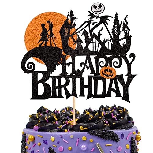 1 PCS Jack and Sally Pumpkin Bat Castle Ghost Cake Topper - Glitter Halloween Cake Pick for Kids Birthday Party & Baby Shower