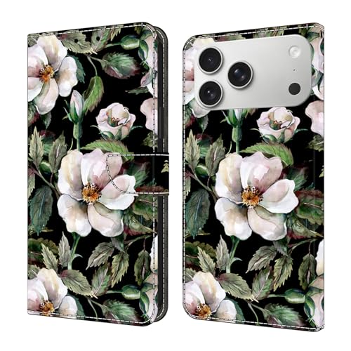 Étui iPhone 15 Pro Max grande fleur : housse portefeuille en cuir à rabat