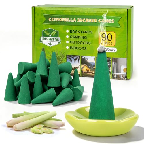 Citronella Räucherkegel 90 Stück mit 2 Haltern Bis zu 3000 Minuten Gesamtbrenndauer Natürliches Zitronengras Räucherwerk mit Citronella Öl für Garten Terrasse Balkon Camping Grillabende