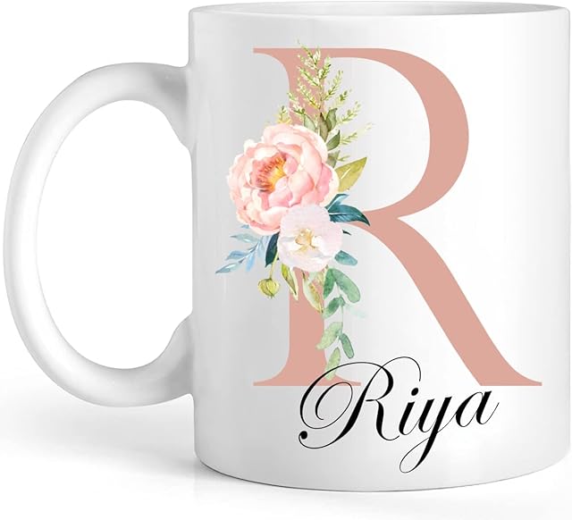 Personalised Floral Mug Initial with Name, Customised Gift for Mum, Dad, Kids or Girls, Printed Glitter, NOT Real Glitter, Tea Coffee Mug (11oz) (Rose)