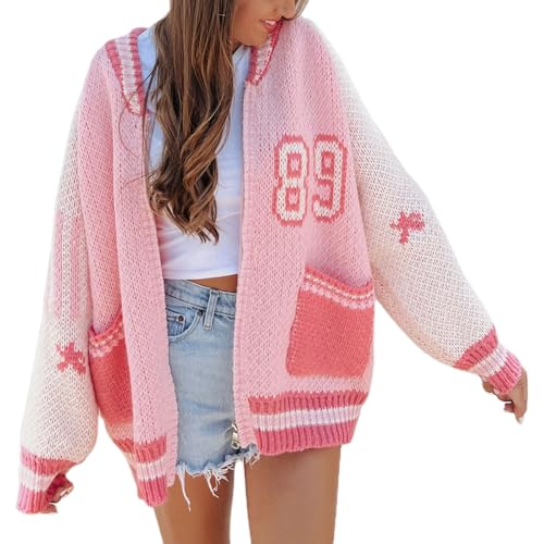 Women Knit Varsity Jacket Oversized Zipper Long Sleeve Letter Print Cardigan Sweater Y2k E-Girls Coats Outerwear