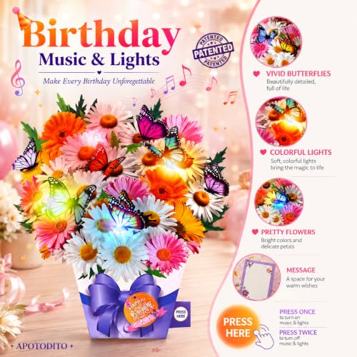 Image of APOTODITO Birthday Cards, Butterfly & Daisy Birthday Card with Music and Light, Flower Bouquet 3D Card for Women Mom Wife