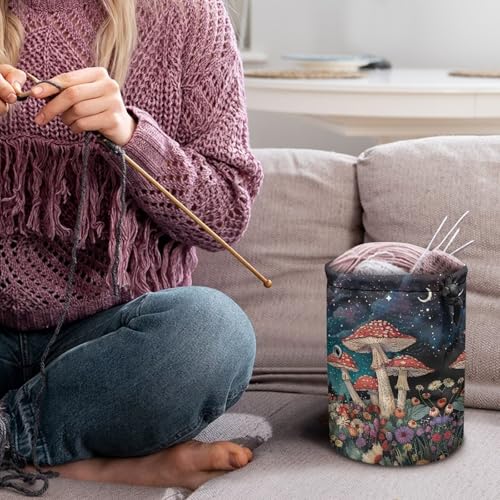 Image of Sellikakes Mushroom Floral Yarn Bag with Drawstring, Yarn Holder Crocheting Storage Basket Organizer Crochet Holder for Crocheting Project Store Skein Ball