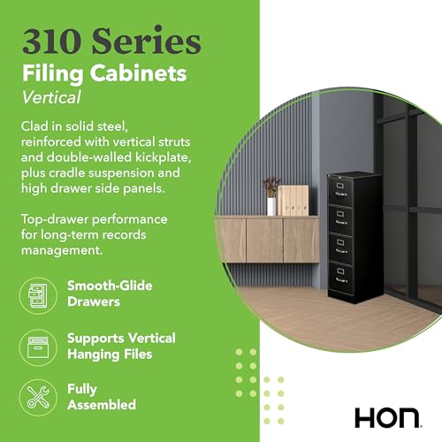 Image of HON 4 Drawer Vertical File Cabinet with Lock, Metal Filing Cabinets with 4 Drawers for Hanging Files and Letter Files, 26.5 inch Deep, Putty