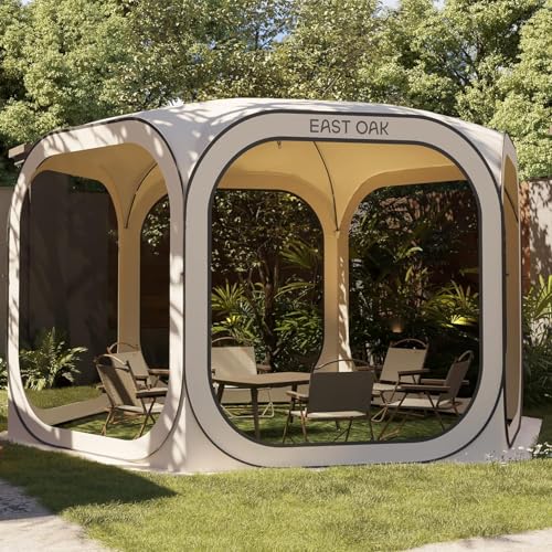 East Oak Screen House Tent Pop-Up, Portable Screen Room Canopy Instant Pop Up Screen Tent 12 x 12 FT with Carry Bag for Patio, Backyard, Deck & Outdoor Activities, Beige