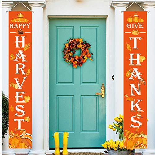 MAIAGO Thanksgiving Decorations - HAPPY HARVEST & GIVE THANKS Porch Sign - Fall Harvest Door Sign Turkey Pumpkins Maple Leaf Autumn Decor for Home Door Wall Yard Fall Thanksgiving Party Decorations