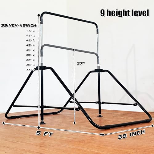 MARFULA Kip Bar Folding Gymnastic Bar with 5 FT Base Length 9 Height Levels Gymnastic Training Bar for Girls and Boys Between 3-9 Years Old At Home and Club Use