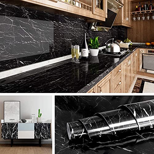 Image of FOKRIM Black Marble Self Adhesive Wall Stickers Oil-Proof Waterproof Peel & Stick Contact Wallpaper for Kitchen Living Room Office Table Home Decor Furniture Workshop (205.5CM X 60.5CM) (Black)