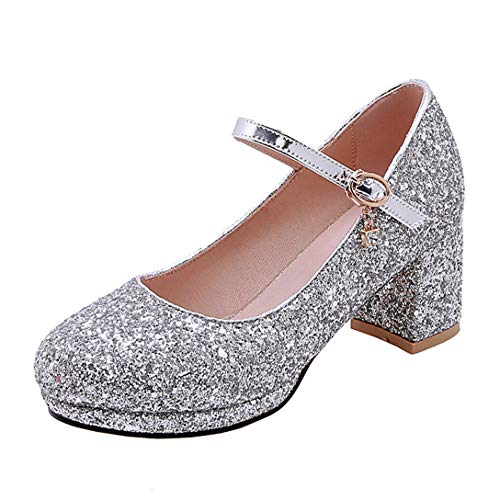 Alsoloveu Womens Glitter Mary Jane Shoes Platform Low Chunky Heels Closed Round Toe Ankle Buckle Strap Office Work Wedding Sequins Pumps Size 9 M US,Silver