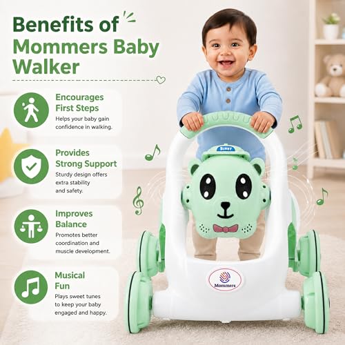 Image of Mommers Baby Walker Musical Push Support with Wheels & Handle Cute Design Activity Walker, for Toddlers, Balanced Wheels, Indoor Play, Green